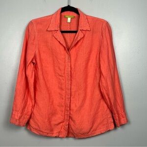 Sigrid Olsen orange button front 3/4 sleeve 100% linen blouse, medium.